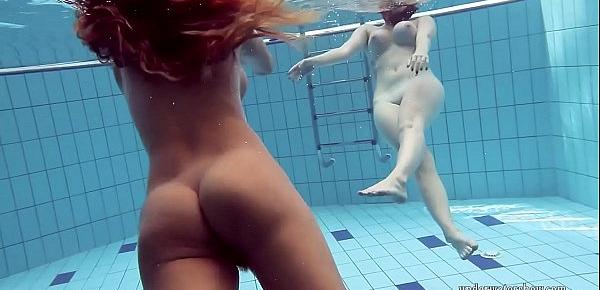  Bushy and round ass girls strip and swim